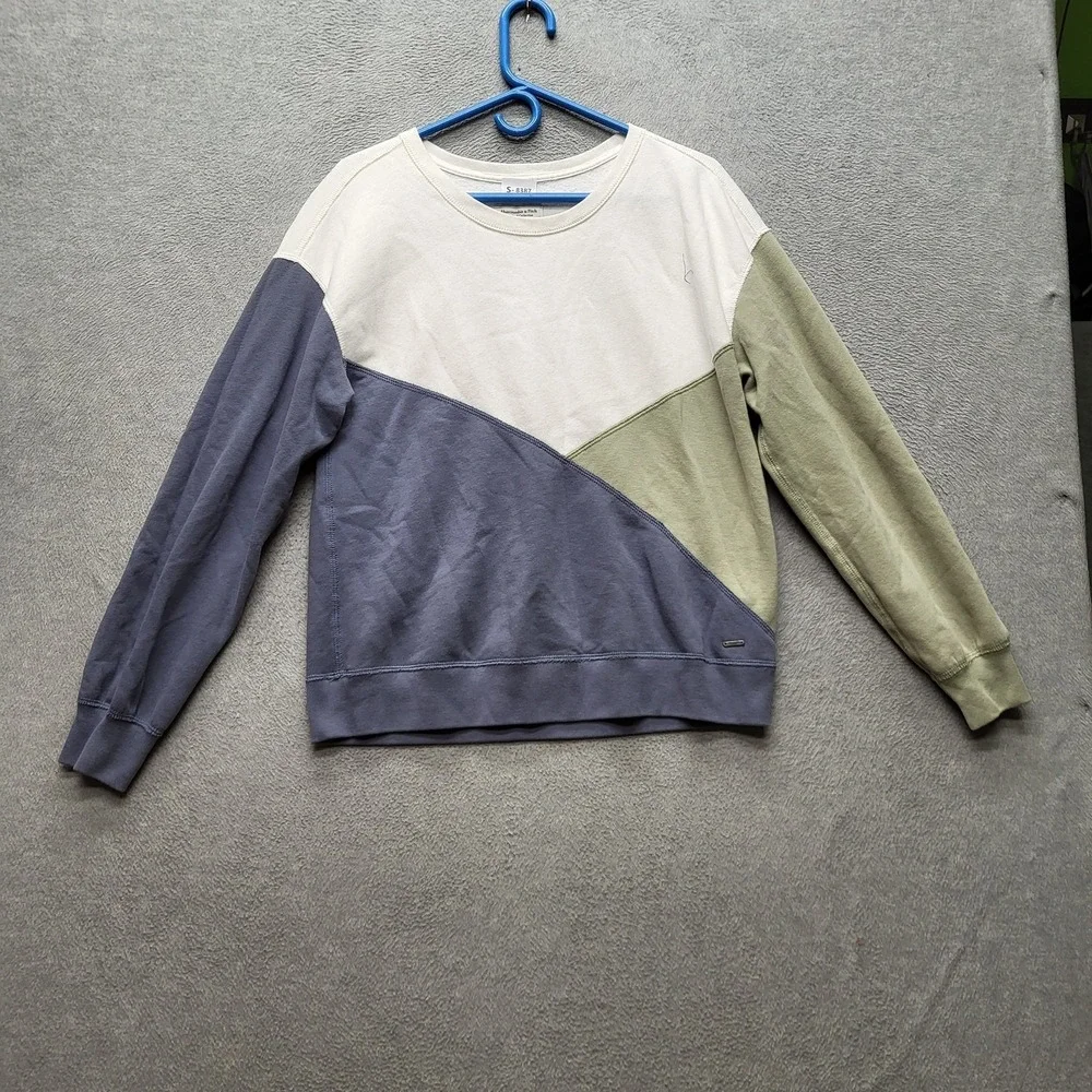 Abercrombie & Fitch Women Sweatshirt L Blue Colorblock Logo Soft A&F